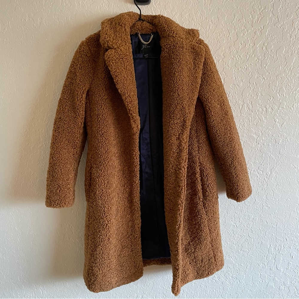 J. Crew Sherpa teddy trench coat jacket XXS petite warm brandy tan - Picture 4 of 9